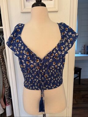 Blue Floral Ruffle Smocked Crop Top with Tassel Tie